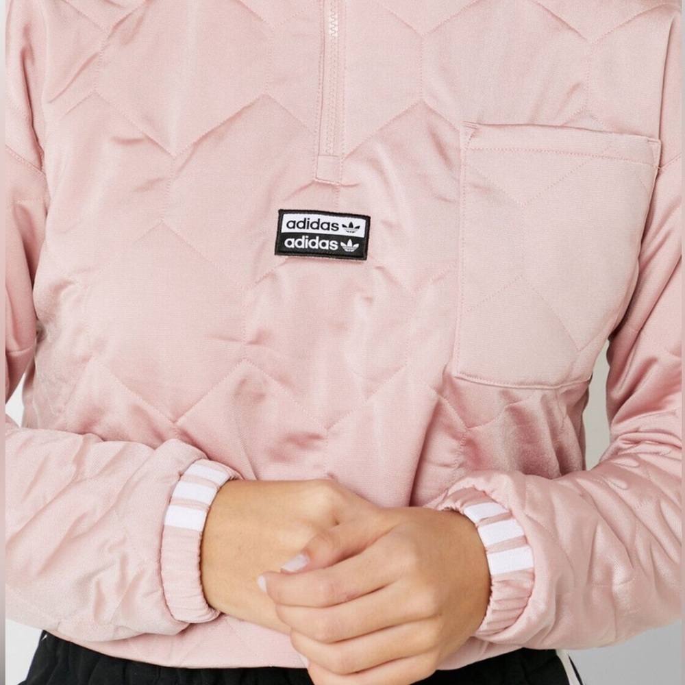 Adidas Womens Originals Half Zip Cropped Pullover Sweatshirt Rose Pink - Picture 2 of 10